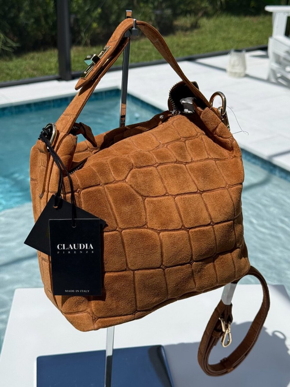 Claudia Firenze Croc embossed Italian Suede Hobo Hand Bag cognac crossbody NWT